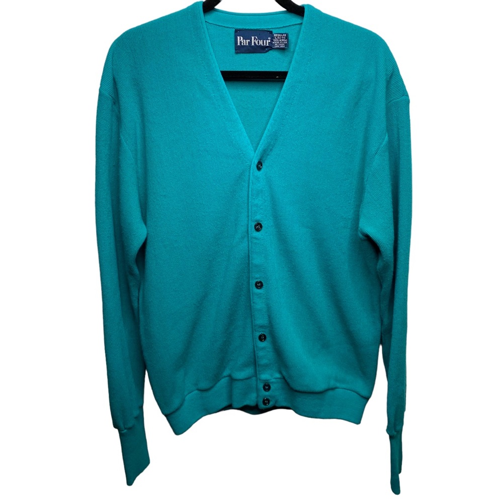 Par Four Vintage Knit Cardigan Sweater Mens L 42-44 Acrylic Teal Green Golf